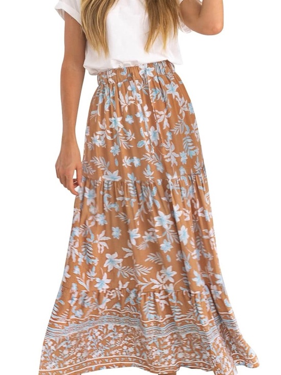 Dresses & Skirts - Women's Floral Tiered Maxi Skirt - Tan Floral